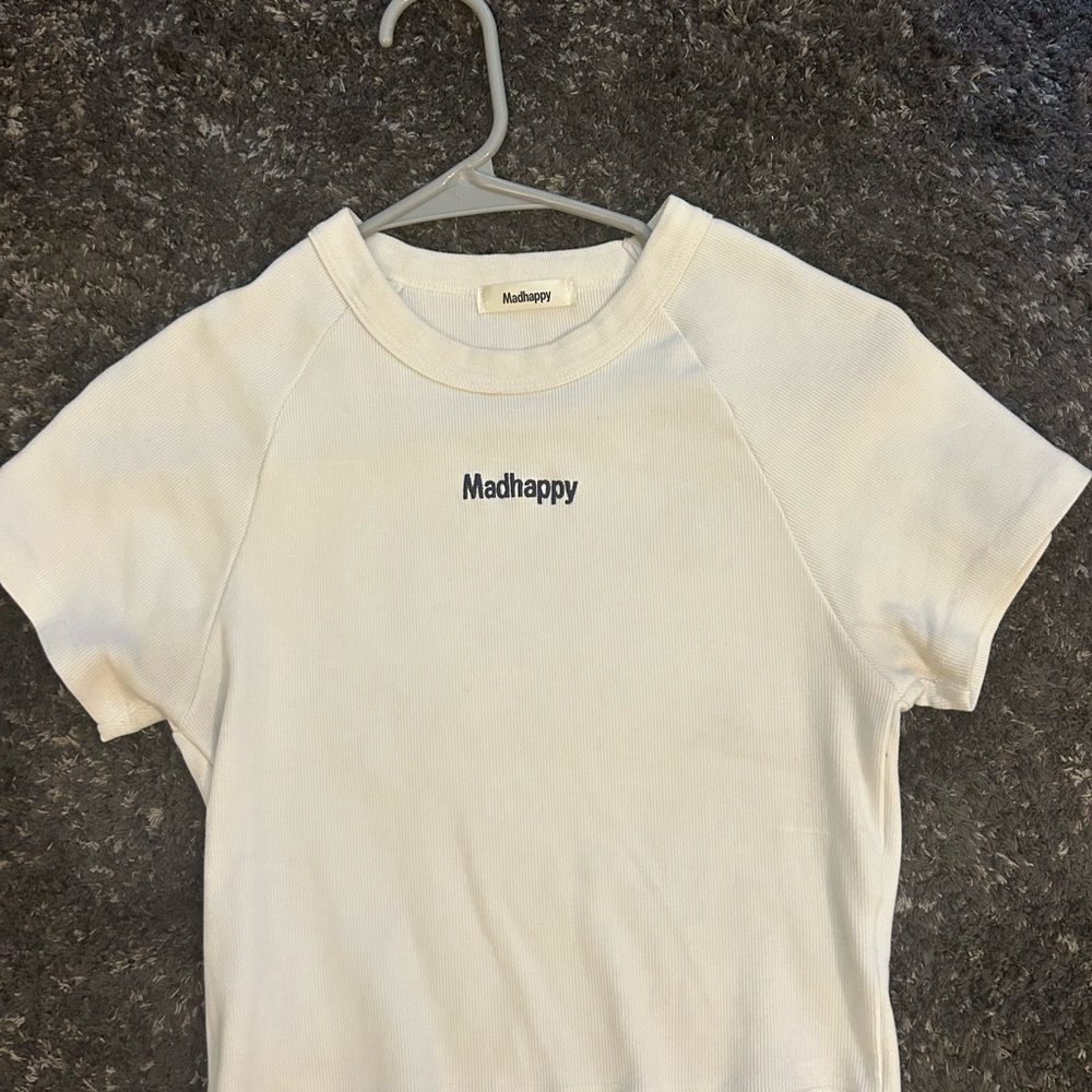 White MadHappy Classic Ribbed Baby Tee (Size Medium)